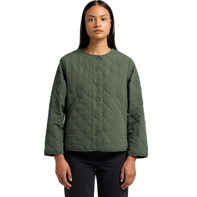 A quilted jacket in dark green with a button closure and long sleeves, featuring a logo on the side.