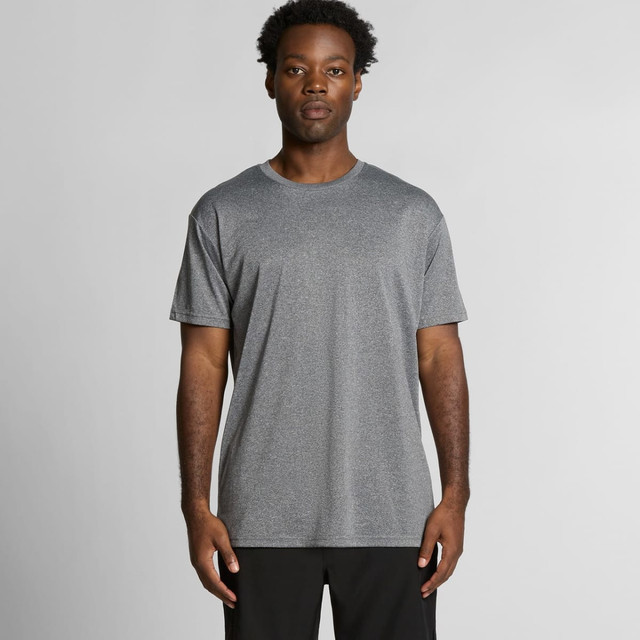 A grey athletic t-shirt with a relaxed fit, featuring a logo on the front. Ideal for active wear.