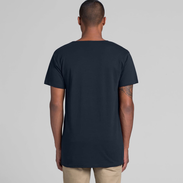 A dark navy T-shirt with short sleeves, featuring a branding label on the back.
