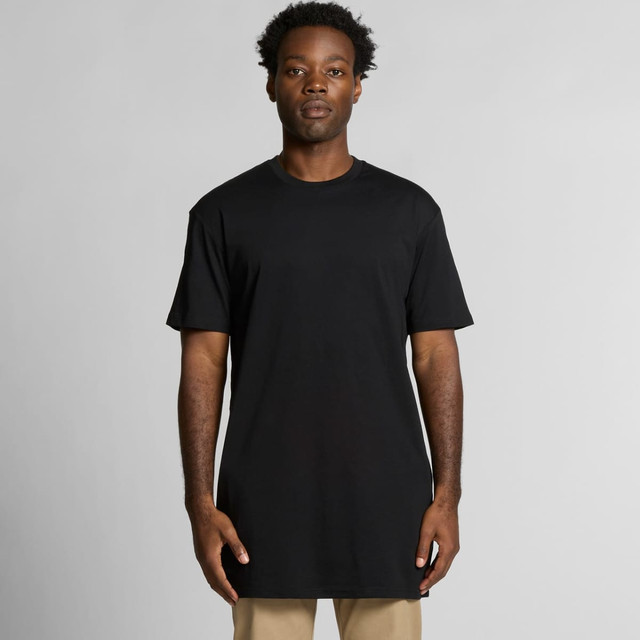 A black Tall Tee t-shirt with short sleeves, featuring a simple design and a slight elongation at the hem.