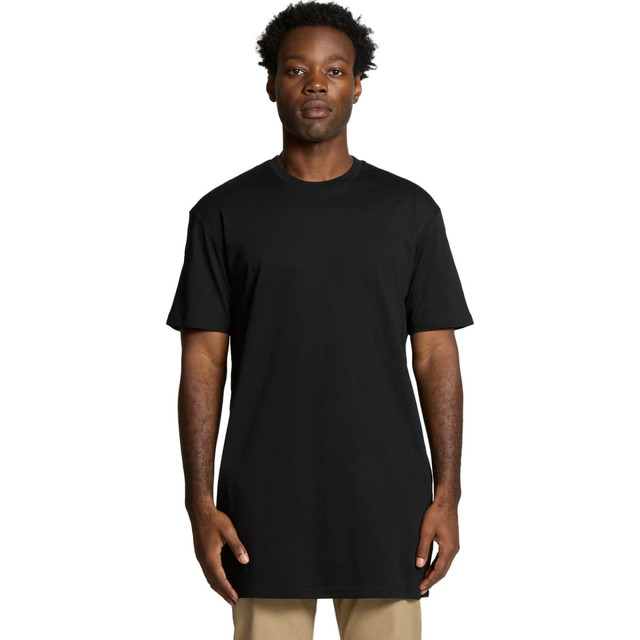 A black tall T-shirt with a relaxed fit, featuring short sleeves and a round neckline. It has a logo present.