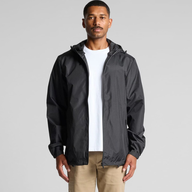 A black rain jacket with a hood, featuring a simple design and a logo. Worn by a male model.
