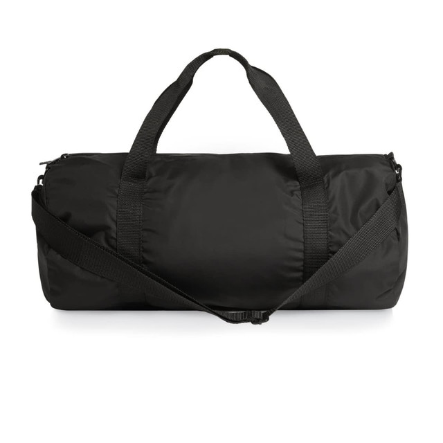 A black recycled light duffel bag with dual handles and a removable shoulder strap. It features a logo.