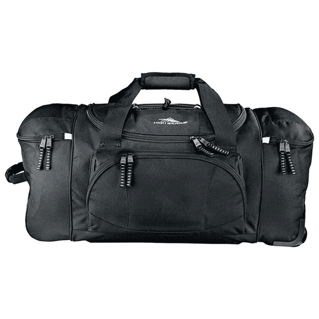 A black wheeled duffel bag with multiple compartments and a logo. Features sturdy handles and zippered closures.