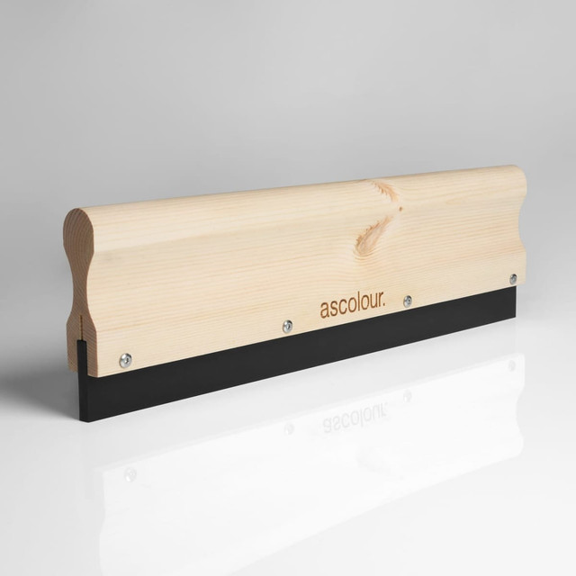 A wooden squeegee with a black rubber blade and a logo, featuring a smooth, natural finish.