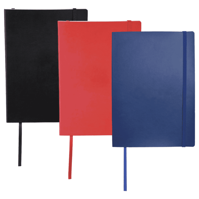 A set of three bound journals in black, red, and blue, featuring a logo and elastic closures.