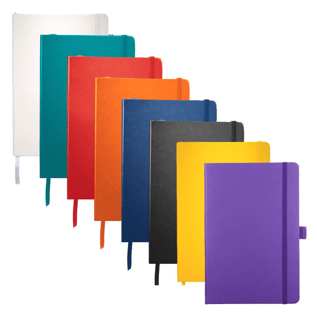 A collection of Nova Bound JournalBooks in various colours: white, teal, orange, black, yellow, and purple, all with branding.