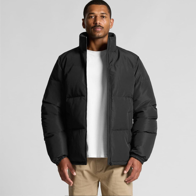 A black puffer jacket with a high collar, featuring a sleek design and a fitted silhouette. It has visible puffer detailing.