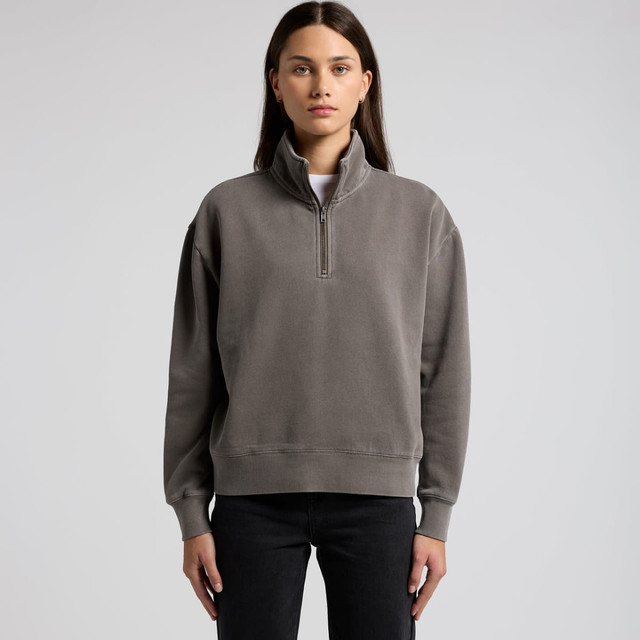 A faded grey half-zip jacket with a relaxed fit and long sleeves, featuring a logo.
