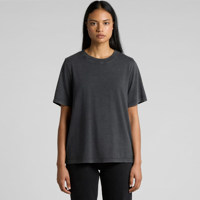 A dark stone wash heavy tee shirt with a relaxed fit, featuring a simple design and no visible branding.