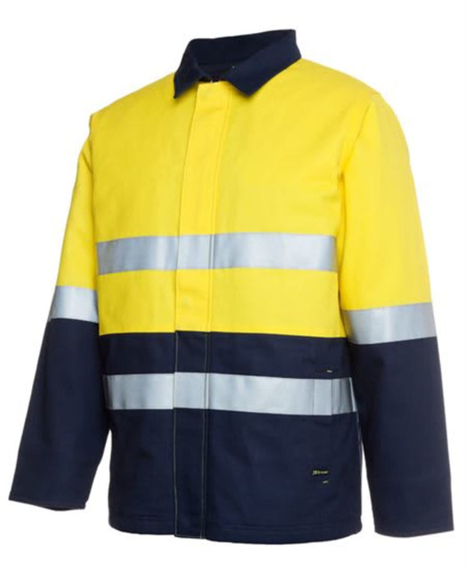 A yellow and navy work jacket with reflective strips and a collar, featuring a logo.