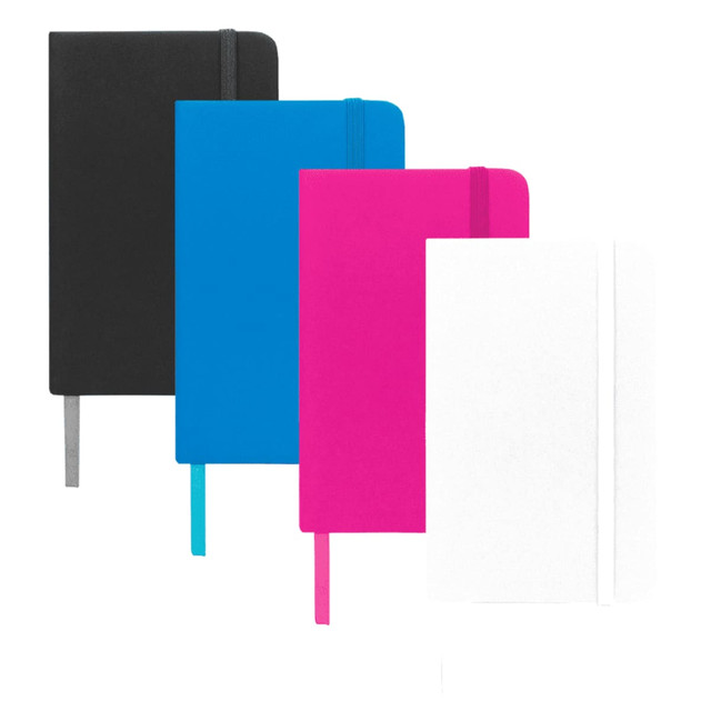 A set of four Spectrum Pocket Bound JournalBooks in black, blue, pink, and white, each with a matching ribbon bookmark.