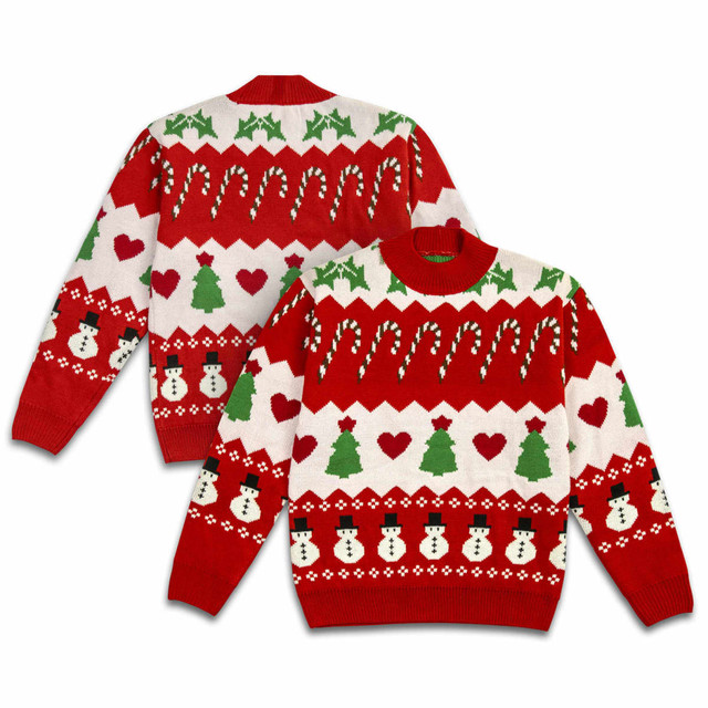 A red and white knitted jumper featuring Christmas motifs like snowmen, trees, hearts, and candy canes. It has a logo.