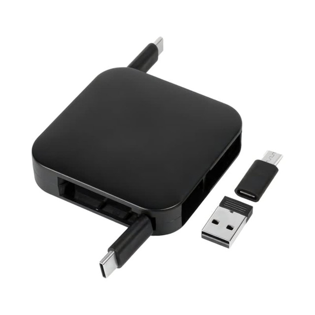 A black retractable fast charge cable and stand with multiple connection types and a USB plug. It features a logo.