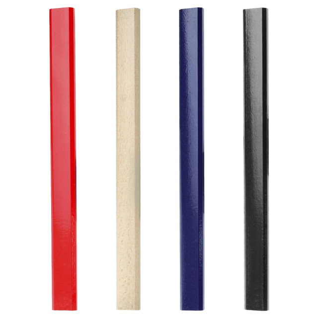 A set of four pencils in red, beige, navy blue, and black, with a glossy finish. Each pencil has branding.