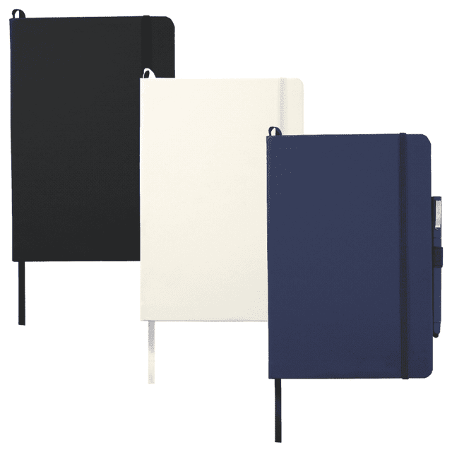 Three hard-bound journals in black, white, and navy, each featuring an elastic closure and ribbon bookmark.