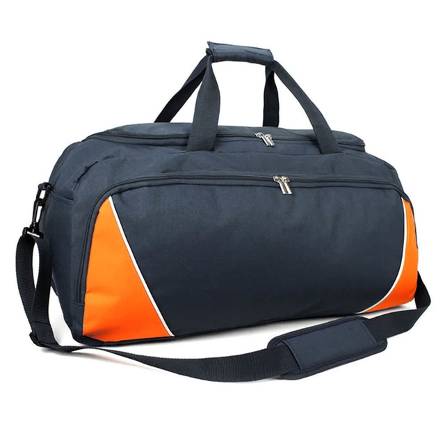 A navy duffle bag with orange accents, featuring two zippered compartments and a detachable shoulder strap.