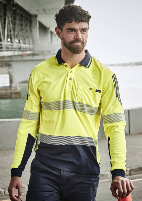 A long sleeve polo shirt in high visibility yellow and navy, featuring segmented reflective tape and a logo.