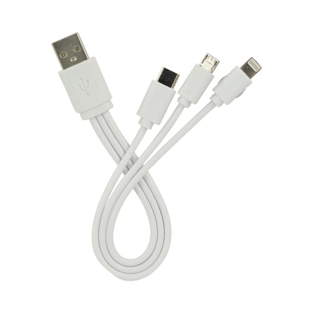 A multi-charge cable in white with a USB connector and multiple charging tips. Features a logo on the connector.