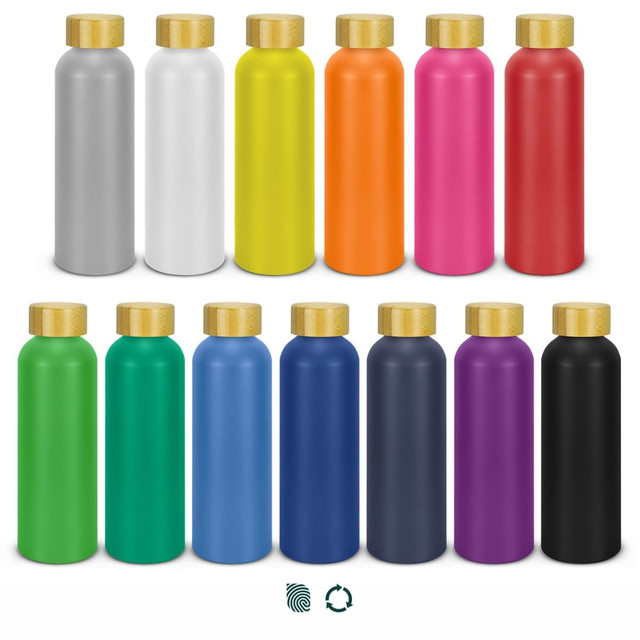 A drink bottle collection featuring various colours: silver, white, yellow, orange, pink, red, green, blue, navy, purple, and black, each with a gold lid.