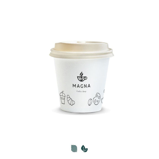 A white compostable paper coffee cup with a tan lid and minimal branding, featuring various food icons.