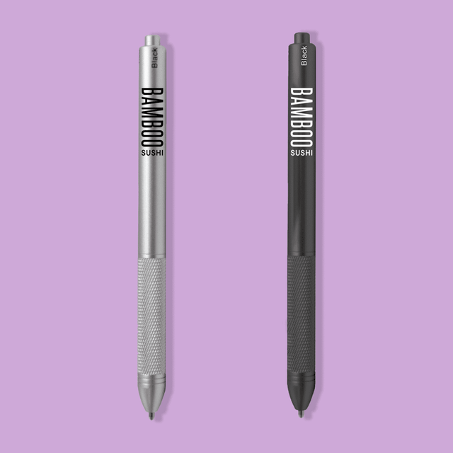A metal pen set featuring a silver and a black pen, both with a logo and a textured grip.