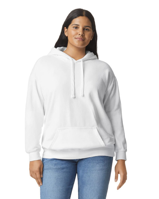 A white adult hooded sweatshirt featuring a front pocket and a drawstring hood. Includes a logo on the garment.