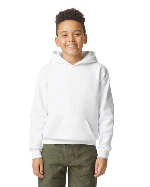 A youth hooded sweatshirt in white, featuring a front pocket and a logo. The model is smiling, wearing olive green pants.