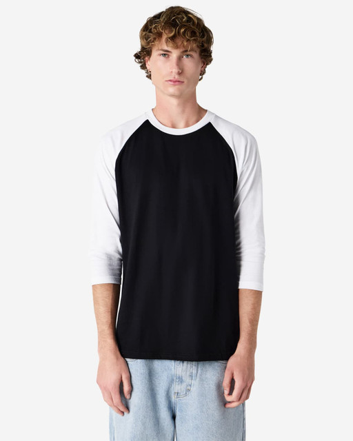 A unisex raglan T-shirt featuring black body and white sleeves, with a logo on the front.