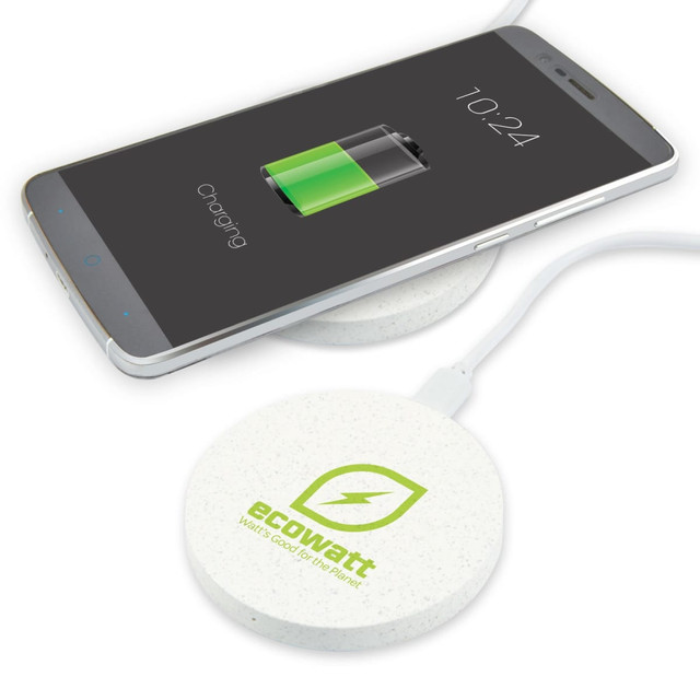 A round white wireless charger with a logo, beside a smartphone displaying a charging battery icon.