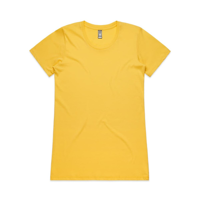 A yellow T-shirt with a round neckline and short sleeves. The shirt features a logo on the label.