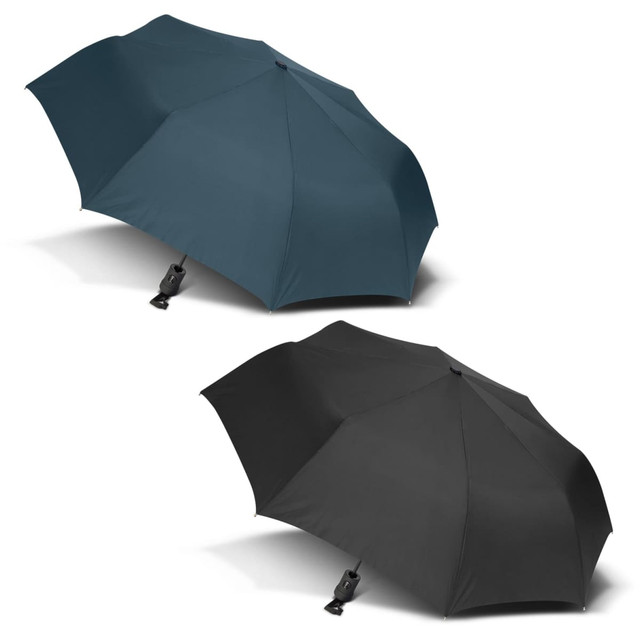 A tri-fold umbrella in dark blue and black, featuring a sleek design and a logo on the handle.