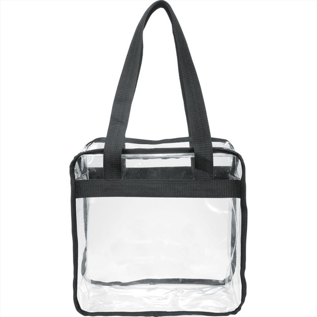 A clear zippered tote bag with black straps, showcasing a see-through design and a square shape.