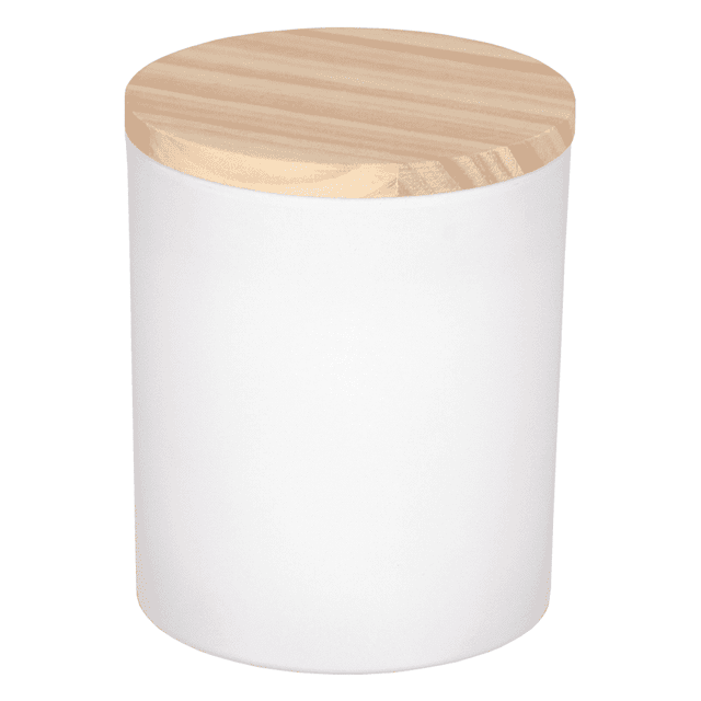 A white soy wax candle with a wooden lid, featuring a sleek cylindrical design.