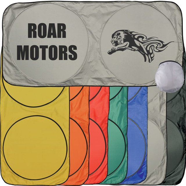 A solar car sun shade in multiple colors, featuring circular cutouts and a logo on a gray background.