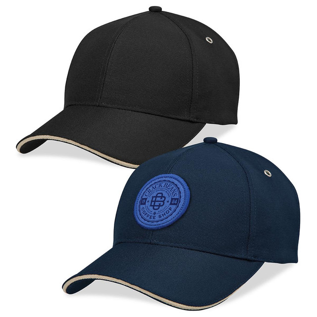 Two caps are displayed, one in black and the other in navy blue, both featuring a logo on the front.