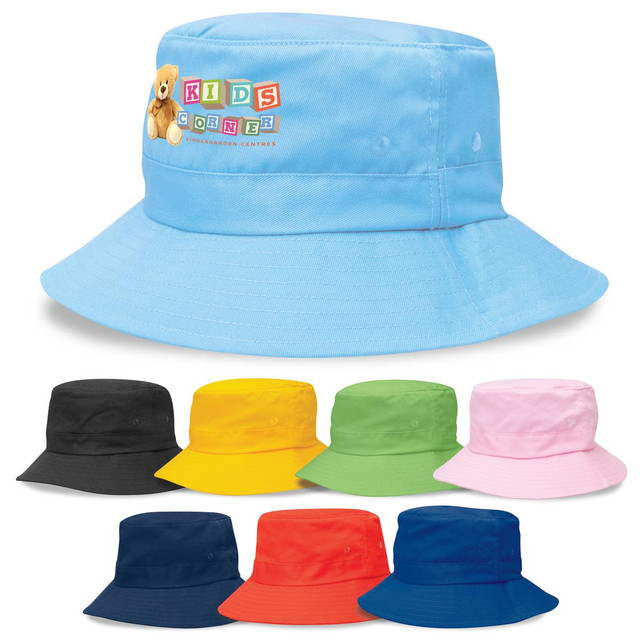A blue kids' twill bucket hat with a branding logo, surrounded by options in black, pink, green, orange, and red.