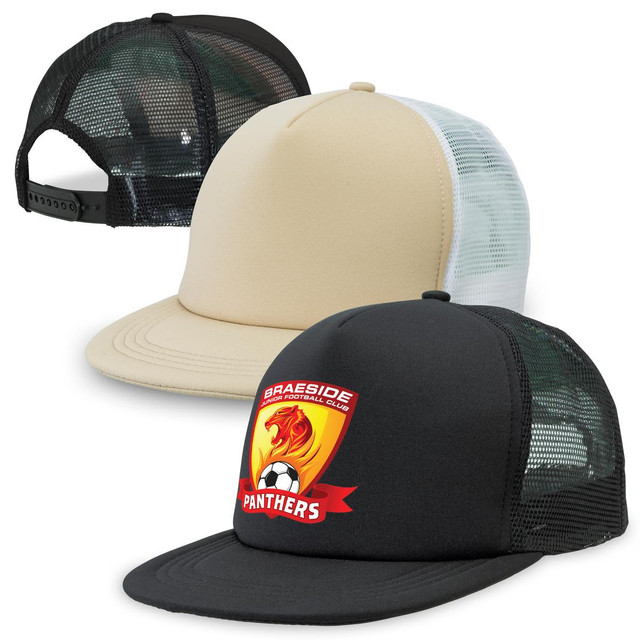 Three trucker caps in black, beige, and black with a logo, featuring a flat peak and mesh back.