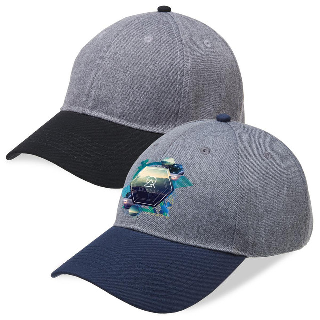 A grey cap with a curved brim and a contrasting black underside, featuring a logo on the front.