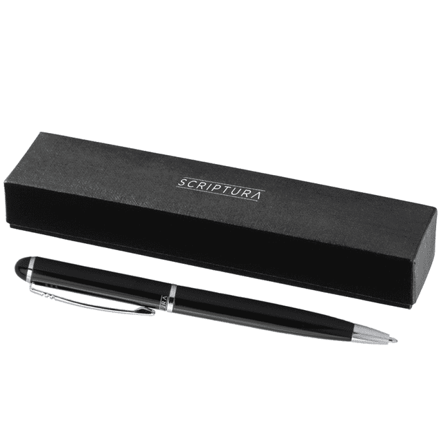 A black metal ballpoint pen with a silver accent, resting beside a sleek black box featuring a logo.