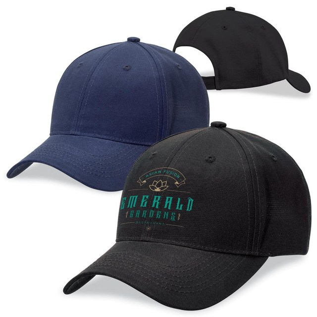 A collection of three caps in navy blue and black, featuring a logo on one of the black caps.