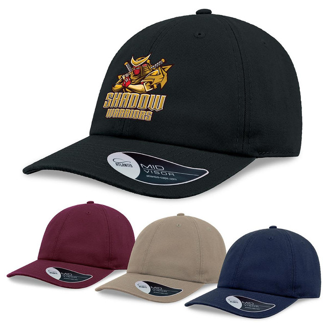 A black cap with a logo, alongside burgundy, beige, and navy caps in a promotional display for headwear.