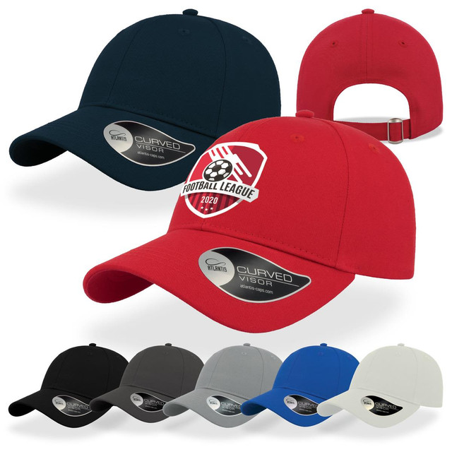 A collection of caps in various colours, featuring a curved visor and a logo on the front.