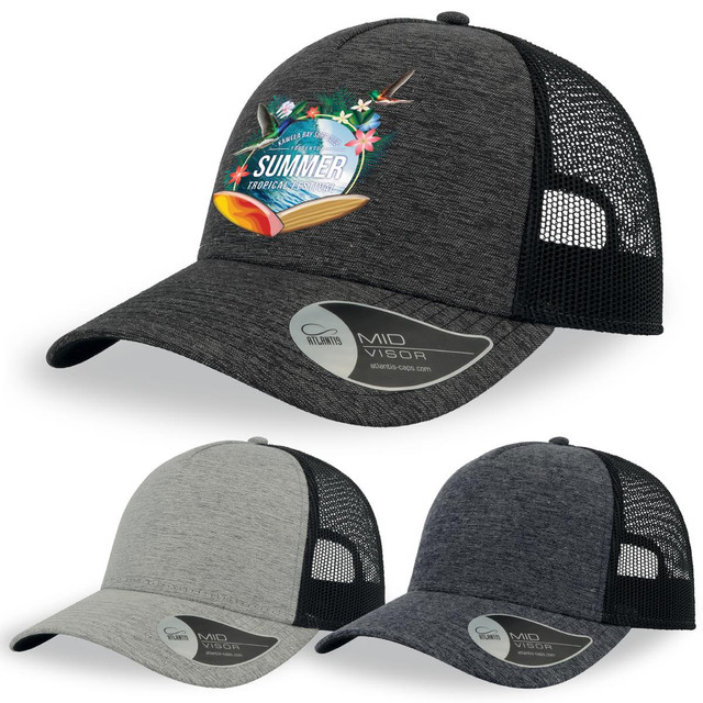 A black and grey cap with a mesh back, featuring a floral graphic and logo on the front and available in three colours.