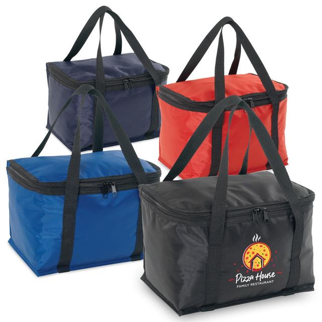 Four cooler bags in red, blue, charcoal, and navy colours, featuring sturdy handles and zippers. One bag displays a logo.