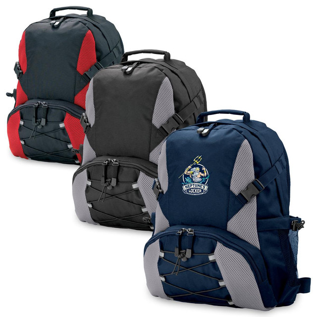 Three outdoor backpacks in navy blue, black, and grey with mesh panels and front storage pockets. Each features a logo.
