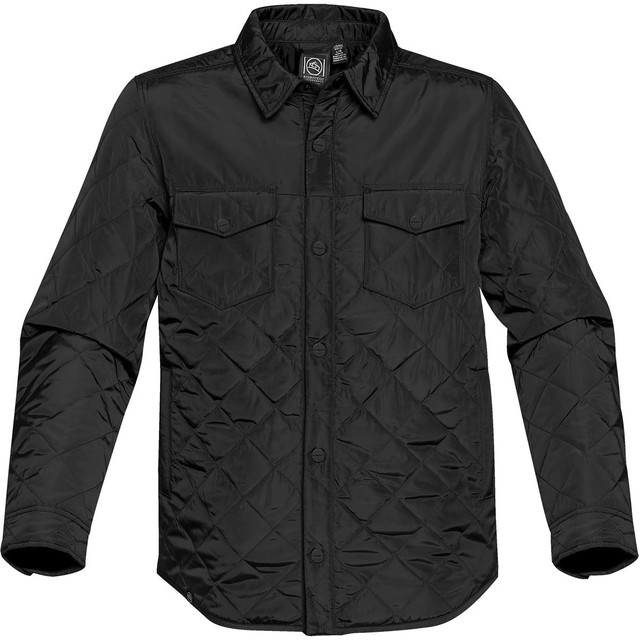 A black diamond quilted men's jacket with a button-up front and two chest pockets. Features a logo on the collar.