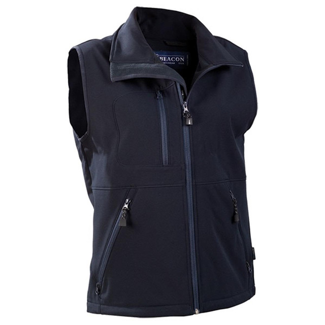 A men's softshell vest in dark grey with multiple zippered pockets and a high collar, featuring a logo.