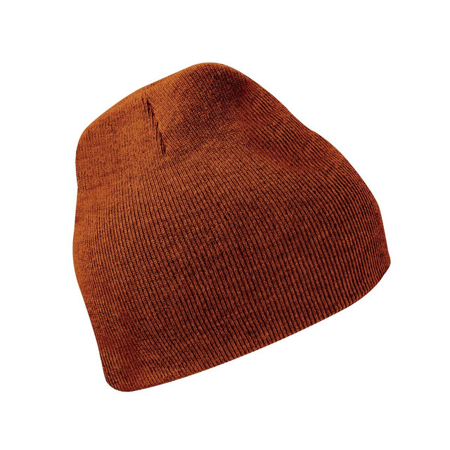 An orange knit beanie with a ribbed texture and a slight slouch at the top. It features a branding logo.
