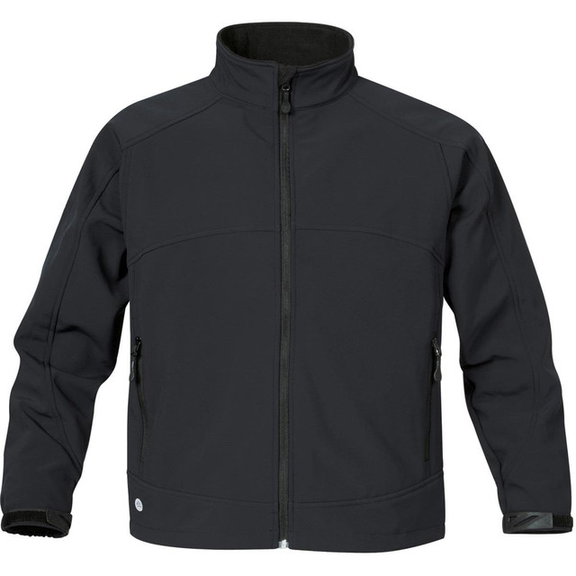 A black men's Cirrus Bonded Jacket featuring a high collar and zippered pockets, with a logo on the front.